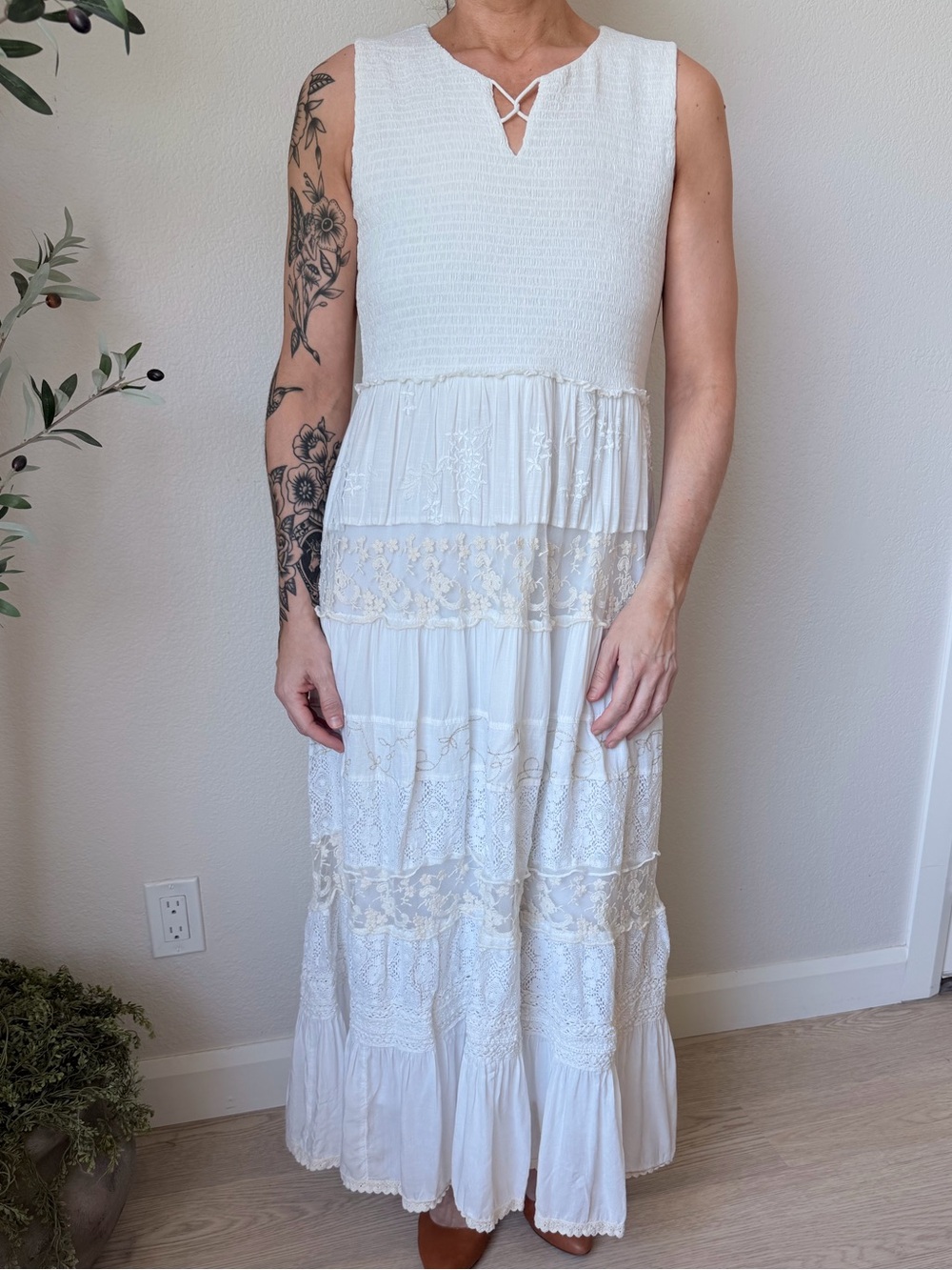 Coldwater Creek White Cotton Linen Lace Tiered Maxi Dress Petite Medium PM